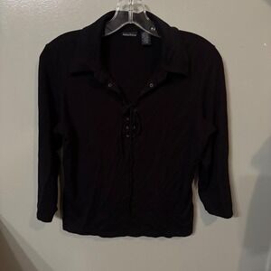 Nautica Black Lace Up Top Long Sleeve Collared Blouse (Women's Large)